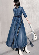 Vestido ceñido de mezclilla a rayas con cuello Peter Pan azul estilo patchwork